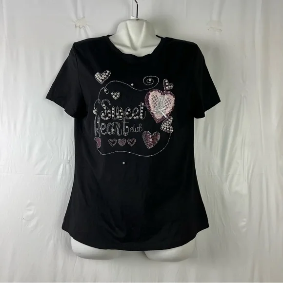 Women's Rhinestone Fitted short sleeve stretch black blouse size large - Picture 1 of 11